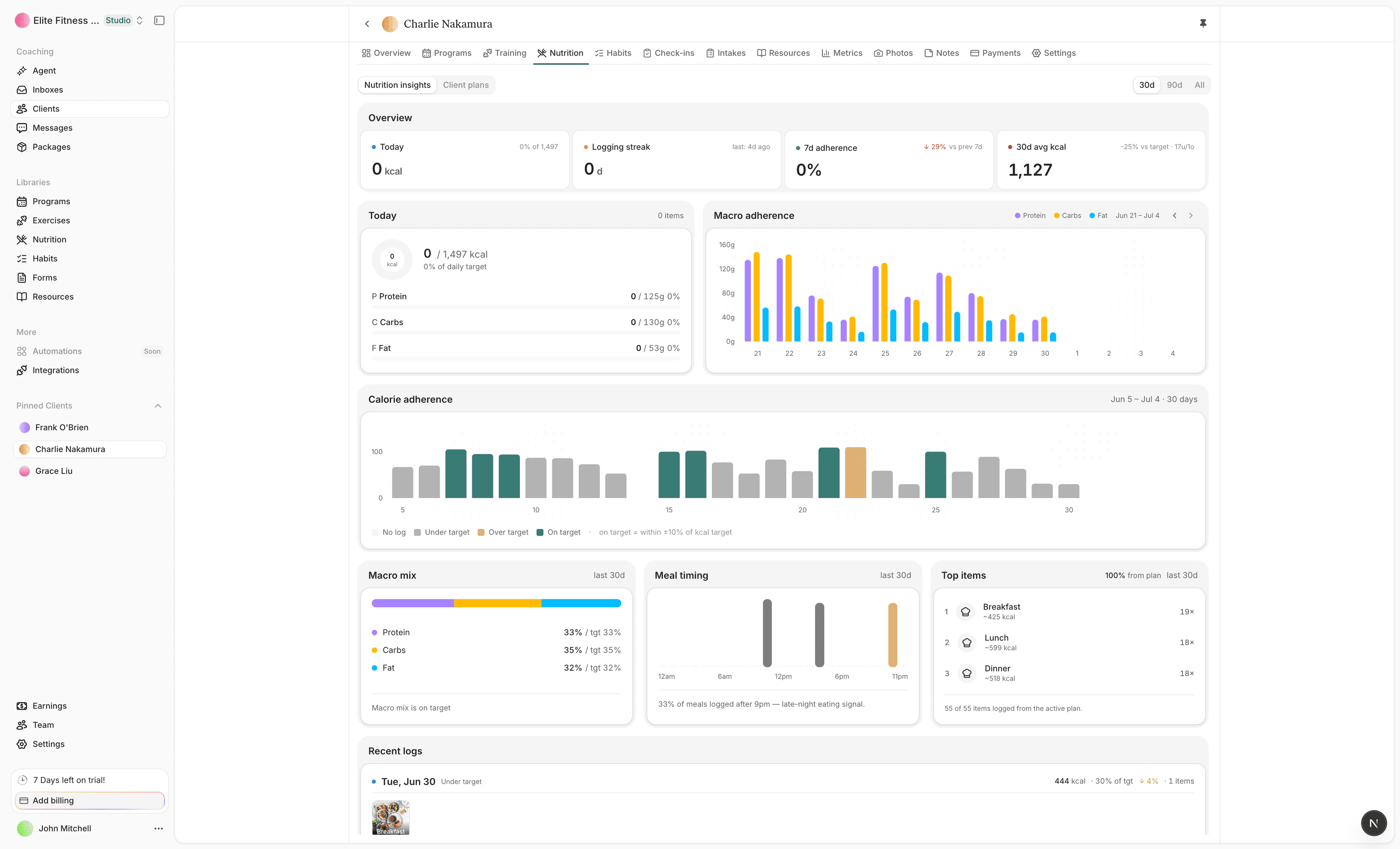 Straton nutrition insights with macro adherence, calorie adherence, and meal timing charts