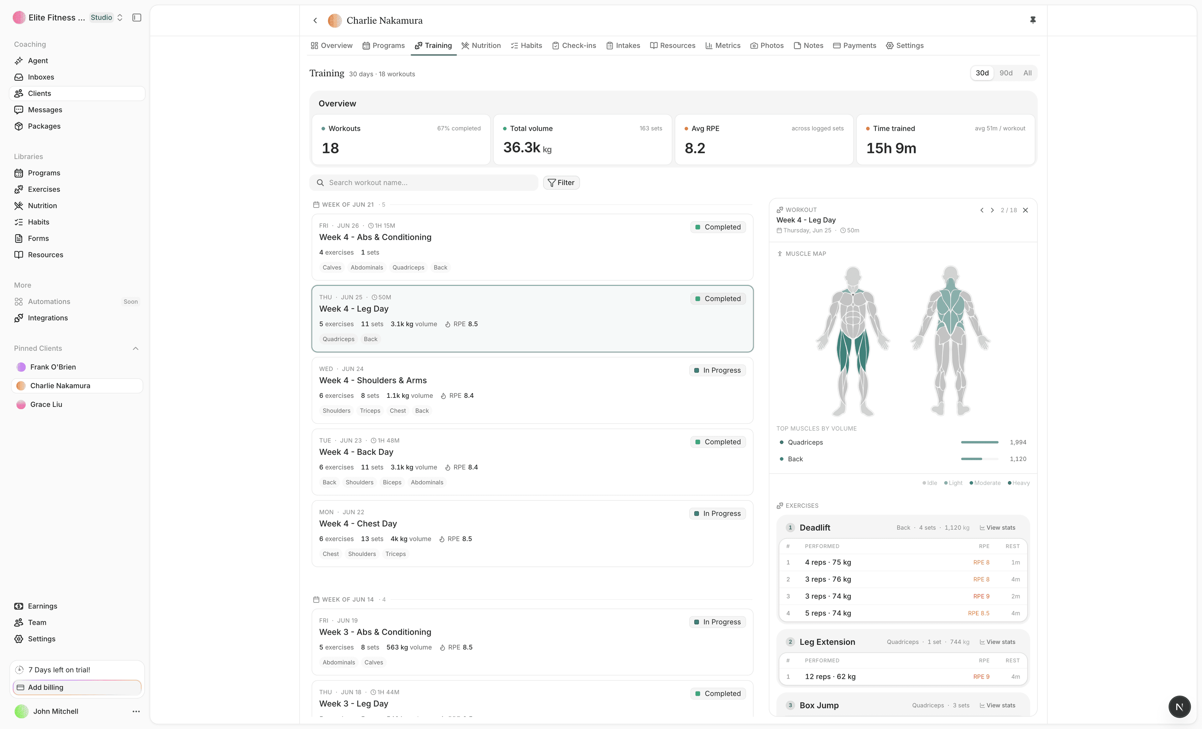 Straton client training view with session history, muscle map, and per-exercise stats