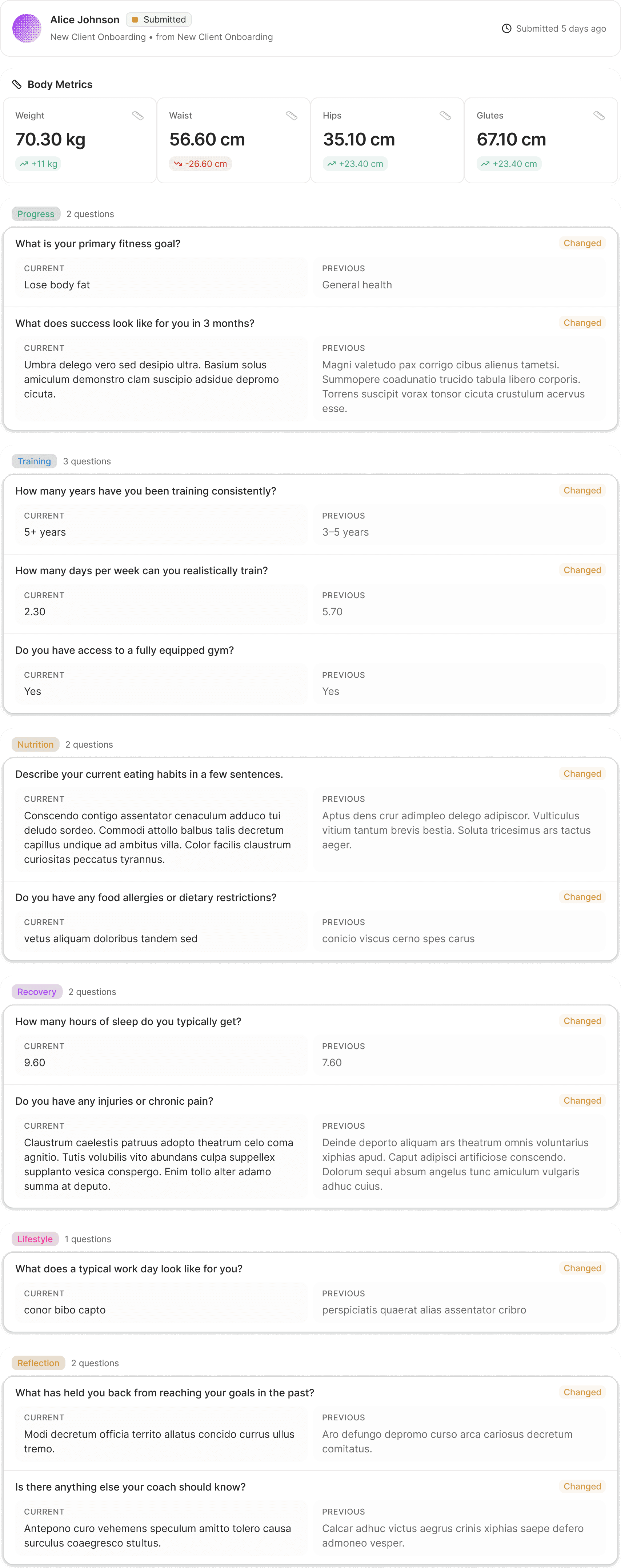 Client intake check-in with goals, training history, and nutrition answers