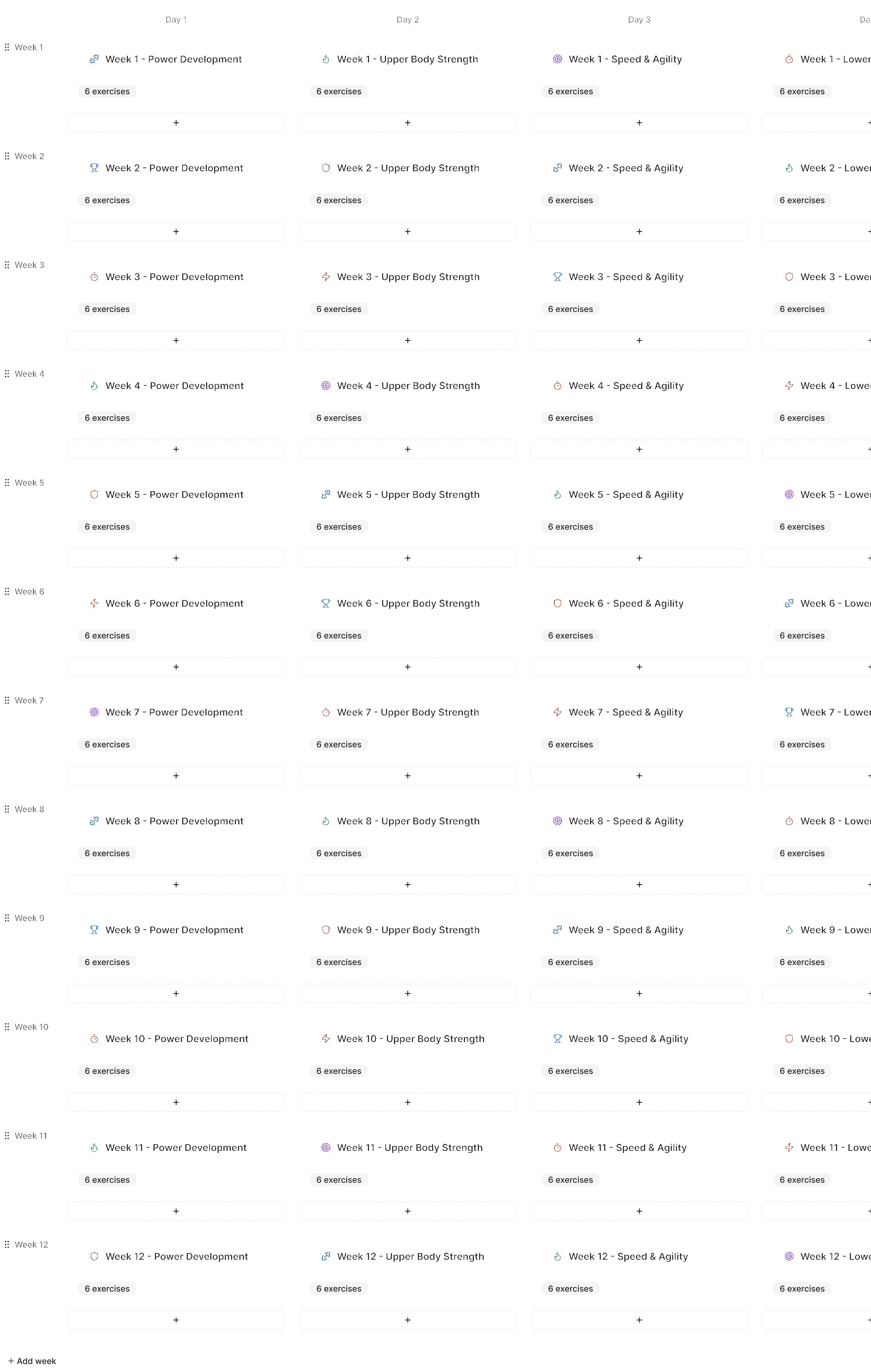 Straton program builder weeks with day-by-day workout cards