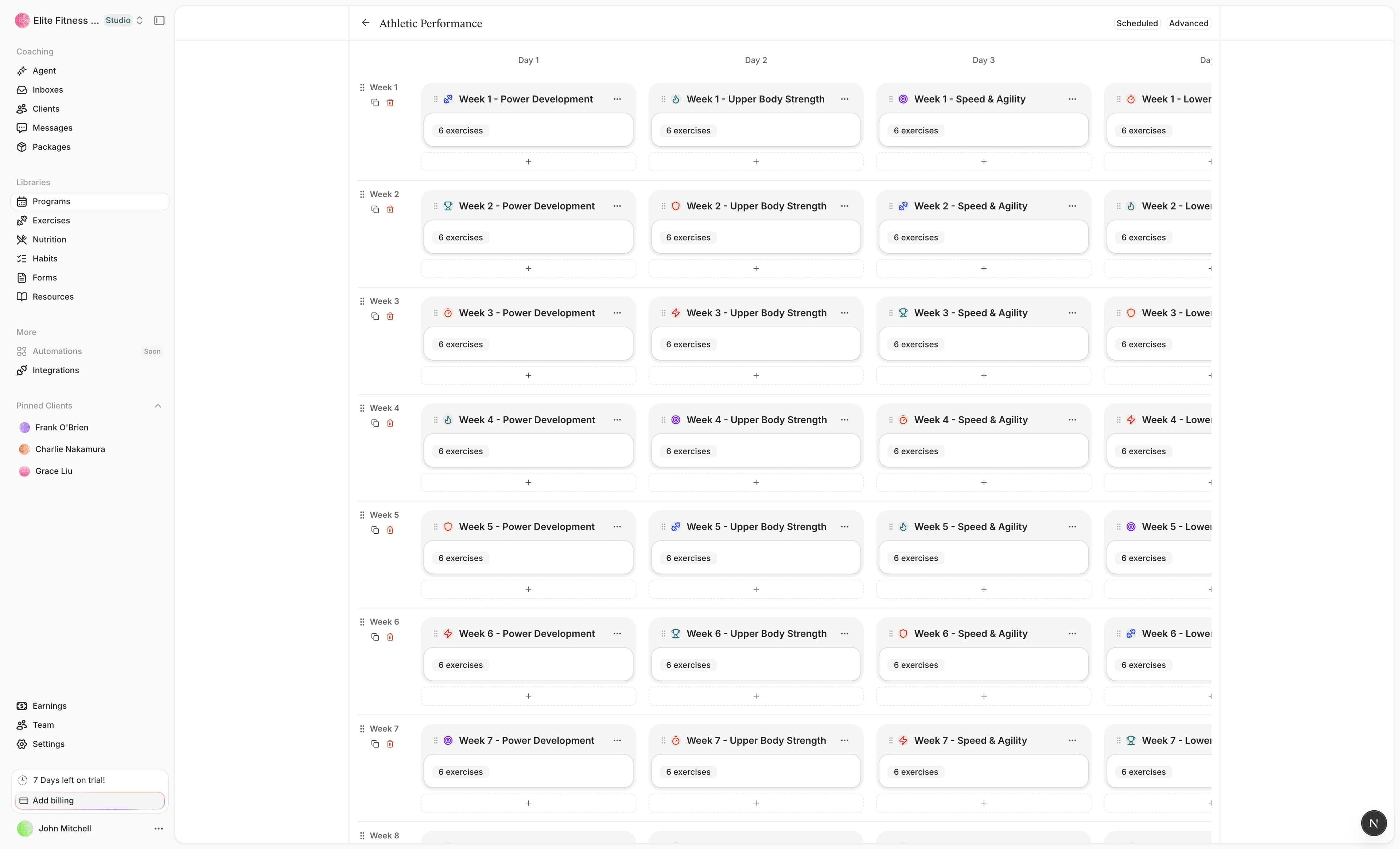 Straton workout builder with a program laid out week by week